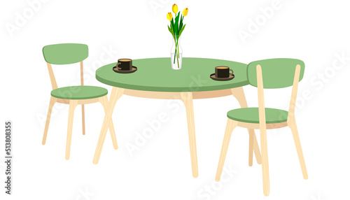 Dining table and chairs for two people. Vector illustration in flat style on a white background. Festive lunch in cafe, restaurant. Drinks and food