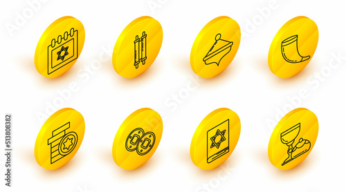 Set line Jewish goblet and hanukkah sufganiyot, torah book, coin, Traditional ram horn, shofar, Hanukkah dreidel, Torah scroll and calendar with star david icon. Vector