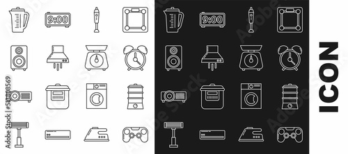 Set line Gamepad, Double boiler, Alarm clock, Blender, Kitchen extractor fan, Stereo speaker, Measuring cup and Scales icon. Vector