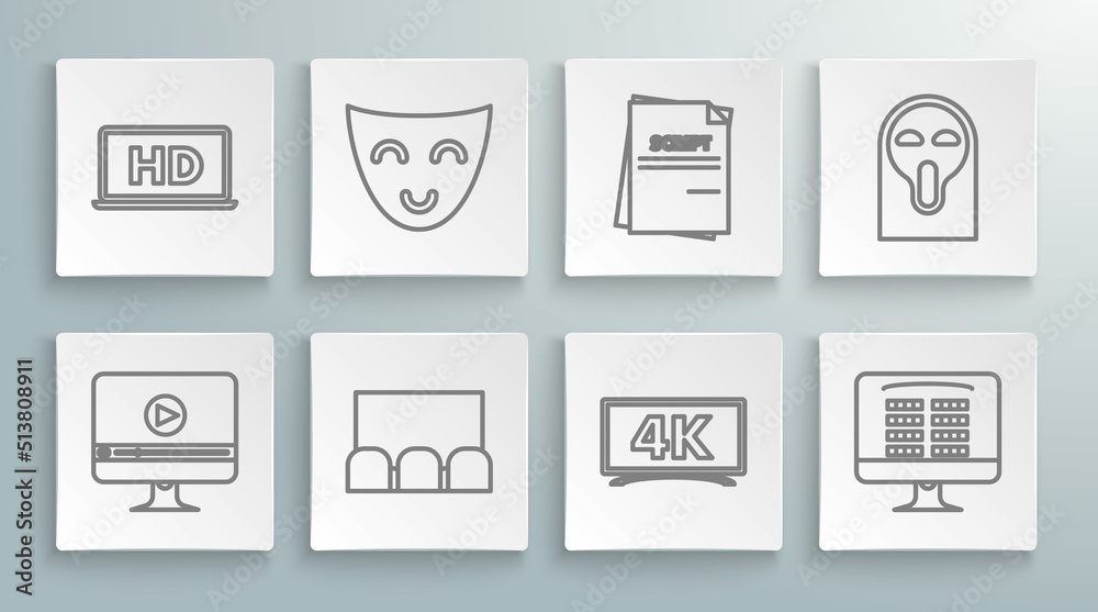 Set line Online play video, Comedy theatrical mask, Buy cinema ticket online, Scenario, Funny and scary ghost and Laptop screen with HD technology icon. Vector Set line Online play video, Comedy theatrical mask, Buy cinema ticket online, Scenario, Funny and scary ghost and Laptop screen with HD technology icon. Vector