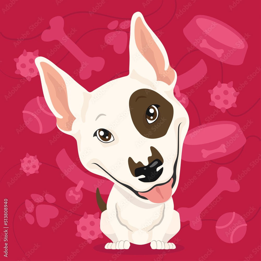 Isolated cute bull terrier dog character on a pet toys background Vector Isolated cute bull terrier dog character on a pet toys background Vector