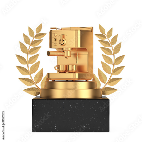 Winner Award Cube Gold Laurel Wreath Podium, Stage or Pedestal with Golden Espresso Coffee Making Machine. 3d Rendering