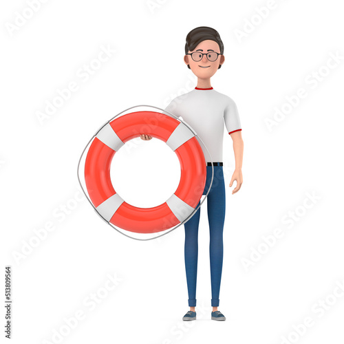 Cartoon Character Person Man with Life Buoy. 3d Rendering