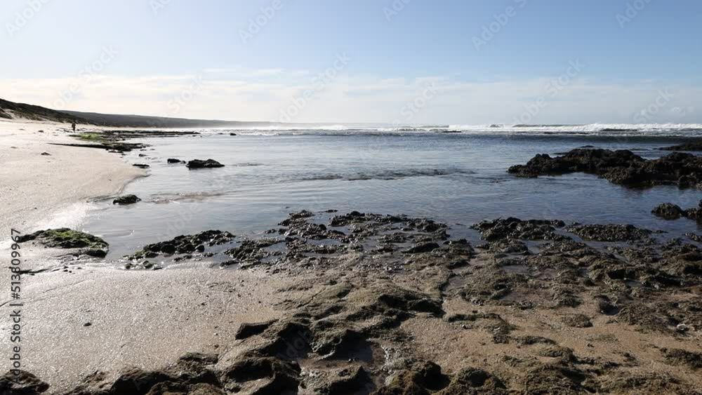 A video taken from a sandy beach over some rocks towards the ocean at Witsand, South Africa. A video taken from a sandy beach over some rocks towards the ocean at Witsand, South Africa.