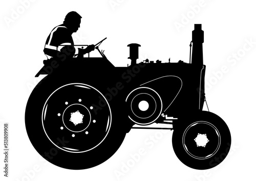 Silhouette of a vintage tractor with a driver. Vector.