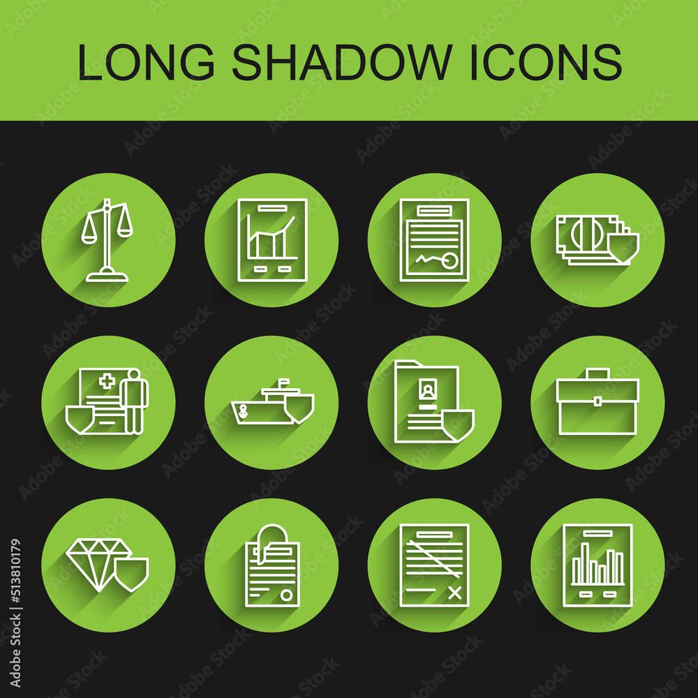 Set line Diamond with shield, File document and paper clip, Scales of justice, Delete file, Document graph chart, Ship, Briefcase and icon. Vector Set line Diamond with shield, File document and paper clip, Scales of justice, Delete file, Document graph chart, Ship, Briefcase and icon. Vector