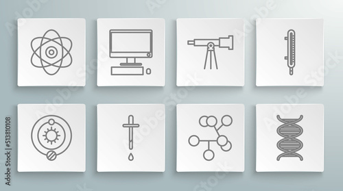 Set line Solar system, Computer monitor with keyboard and mouse, Pipette, Molecule, DNA symbol, Telescope, Meteorology thermometer measuring and Atom icon. Vector