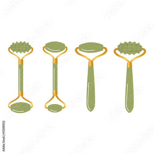 Big set of different gua sha stones and rollers are made of jade. Facial gua sha massage tools. Chinese skin care. Home beauty routine. Hand drawn vector illustration isolated on white background.