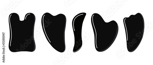 Big set of different gua sha stones are made of obsidian. Facial gua sha massage tools. Chinese skin care. Home beauty routine. Hand drawn vector illustration isolated on white background.