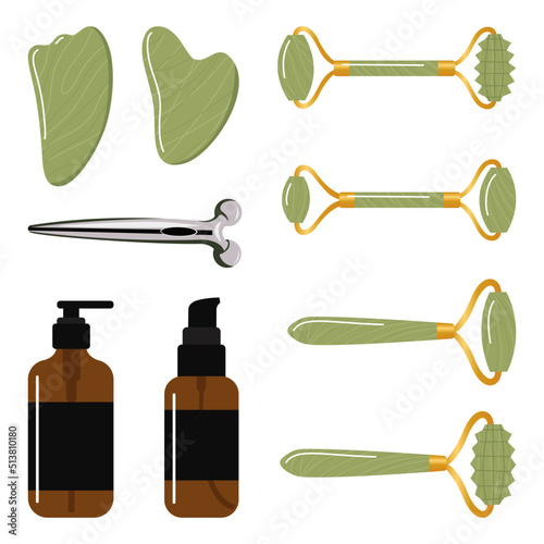 Big set of different gua sha stones and rollers are made of jade. Facial gua sha massage tools. Cosmetic set. Home beauty routine. Hand drawn vector illustration isolated on white background.
