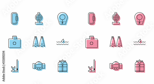 Set line Snorkel, Diving watch, Carabiner, Aqualung, Rubber flippers for swimming, Shark fin ocean wave, First aid kit and Industry metallic pipes and valve icon. Vector