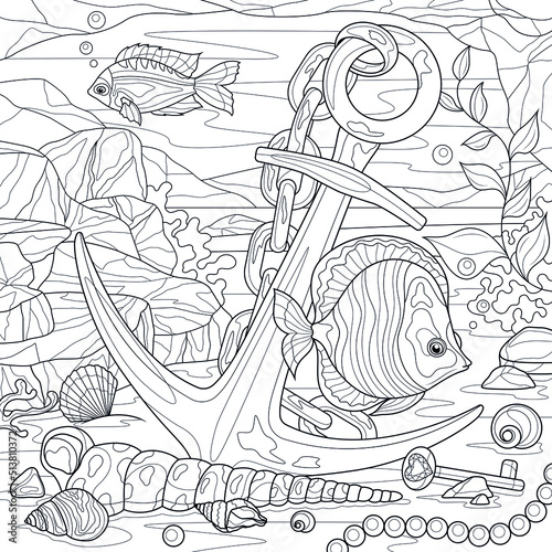 Anchor on the seabed with fish and treasure.Coloring book antistress for children and adults. Illustration isolated on white background.Zen-tangle style. Hand draw