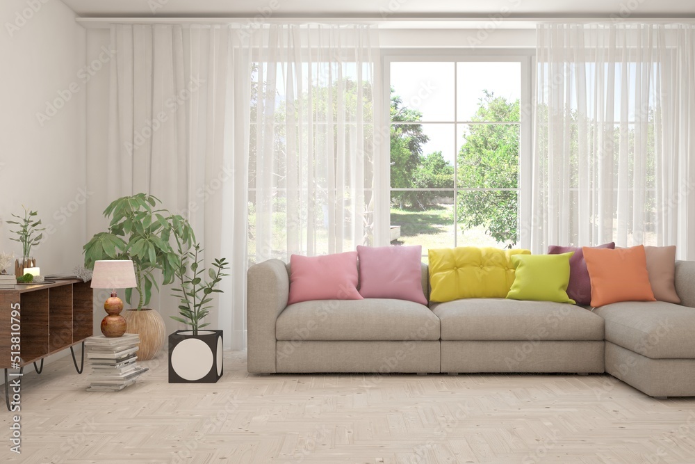White living room with sofa and summer landscape in window. Scandinavian interior design. 3D illustration White living room with sofa and summer landscape in window. Scandinavian interior design. 3D illustration