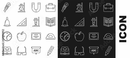 Set line Marker pen, Protractor grid for measuring degrees, Open book, Magnet, Triangular ruler, Ringing bell, Stationery knife and Glass test tube flask fire icon. Vector