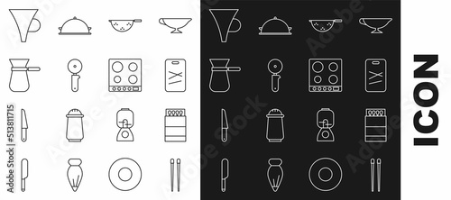 Set line Food chopsticks, Open matchbox and matches, Cutting board, Kitchen colander, Pizza knife, Coffee turk, Funnel or filter and Gas stove icon. Vector