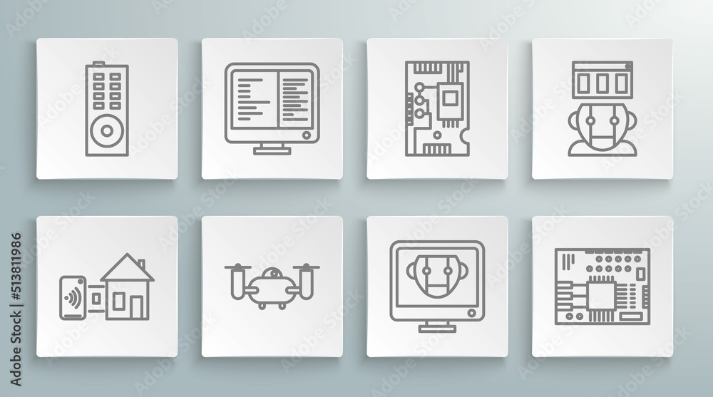 Set line Smart home, Drone flying with action camera, Bot, Printed circuit board PCB, Electronic computer components motherboard digital chip, Robot and Remote control icon. Vector Set line Smart home, Drone flying with action camera, Bot, Printed circuit board PCB, Electronic computer components motherboard digital chip, Robot and Remote control icon. Vector