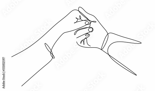 a linear drawing of one line a man's hand in a woman's hand is a symbol of partnership and connection. A sign of love with a hand gesture highlighted on a white background. Vector minimalistic design