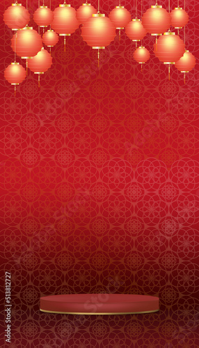 Happy Chinese new year 2023,Festive gift card template with 3d podium red lunar wall paper background,Vector Mid Autumn Festival red Lantern hanging on Asian Art Style wall,Holiday, web banner,poster