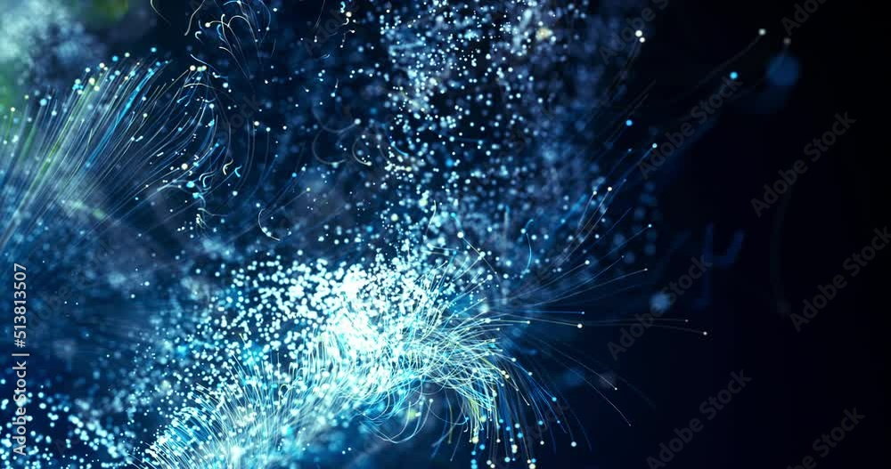Abstract Colorful Optical Fibers Connecting To Other Networks. Electrical Signals Flowing Inside Of Complex Network. Technology Related 3D Animation.
