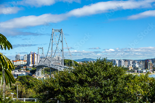 Sunny day view of the Hercilio Luz suspension bridge. The longest suspension bridge in Brazil and the symbol of the city of Florianopolis. Design engineering structure bridge. Bridge structures