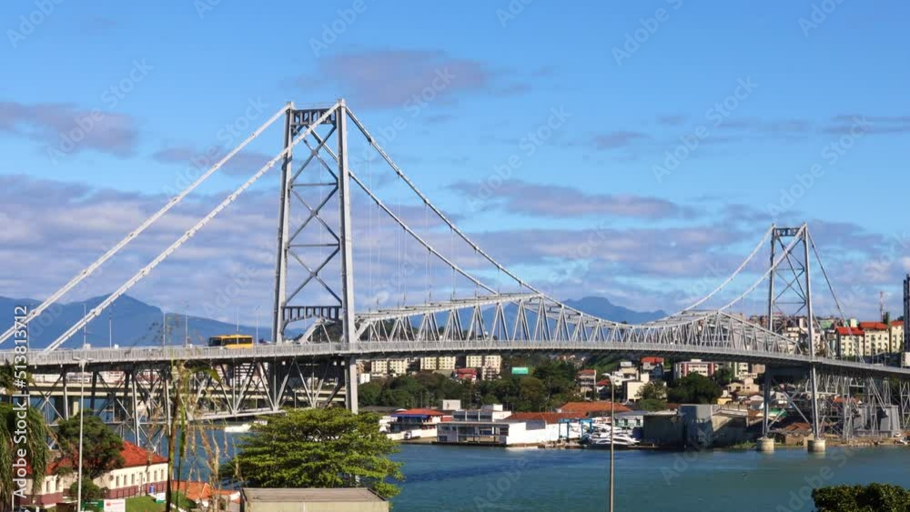Sunny day view of the Hercilio Luz suspension bridge. The longest suspension bridge in Brazil and the symbol of the city of Florianopolis. Design engineering structure bridge. Bridge structures