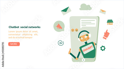 Chat bot social networks for marketing design, for web page design for concept design flat vector landing page template. Virtual assistant bot icon.
