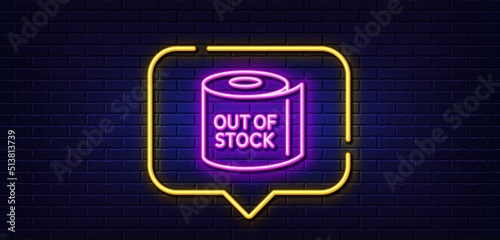 Neon light speech bubble. Toilet paper tissue roll line icon. Out of stock sign. Coronavirus shopping panic symbol. Neon light background. Toilet paper glow line. Brick wall banner. Vector