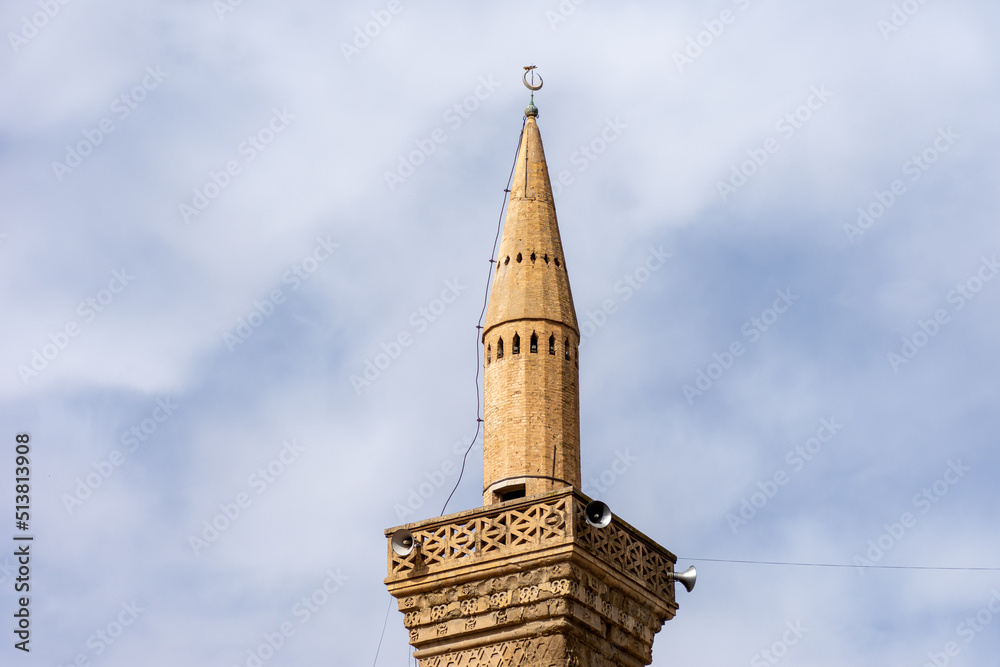 Low angle view of the EL Atik mosque minaret in Setif city. 