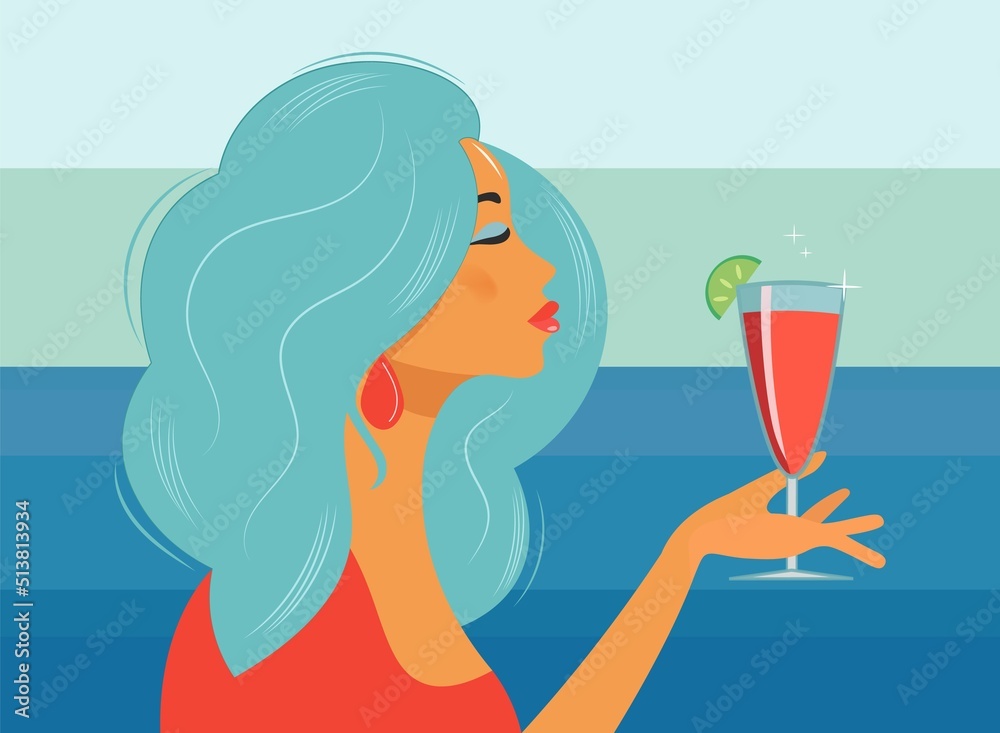 Stylish girl drinks a drink. Design for a banner, cover, poster in a minimalist flat style.Cute woman with a glass of alcohol, wine or juice. Leisure, festive event, seaside vacation. Vector. Stylish girl drinks a drink. Design for a banner, cover, poster in a minimalist flat style.Cute woman with a glass of alcohol, wine or juice. Leisure, festive event, seaside vacation. Vector.