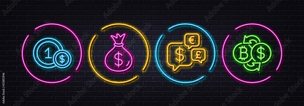 Money currency, Money bag and Usd coins minimal line icons. Neon laser 3d lights. Bitcoin exchange icons. For web, application, printing. Currency exchange, Cash payment, Cryptocurrency change. Vector