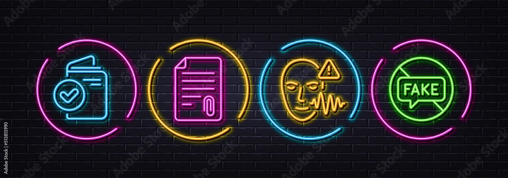 Verification document, Voice wave and Attachment minimal line icons. Neon laser 3d lights. Fake news icons. For web, application, printing. Approved passport, Face access, Attach file. Vector