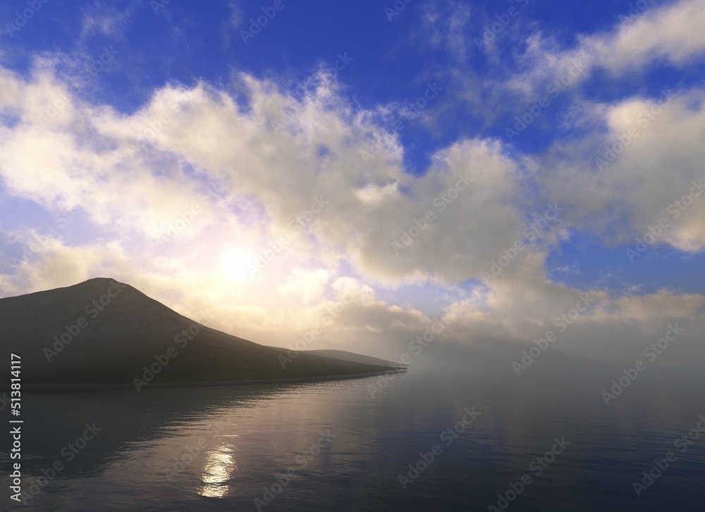 Light from heaven over the sea, seascape, sunset over water, light through clouds, 3d rendering