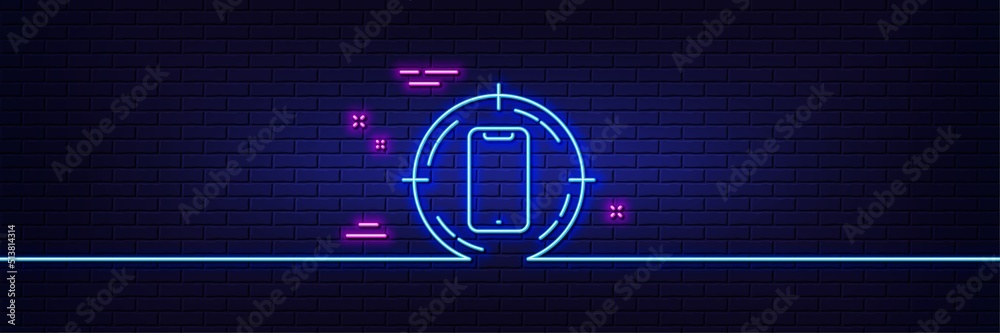 Neon light glow effect. Smartphone target line icon. Phone sign. Mobile device symbol. 3d line neon glow icon. Brick wall banner. Smartphone target outline. Vector Neon light glow effect. Smartphone target line icon. Phone sign. Mobile device symbol. 3d line neon glow icon. Brick wall banner. Smartphone target outline. Vector