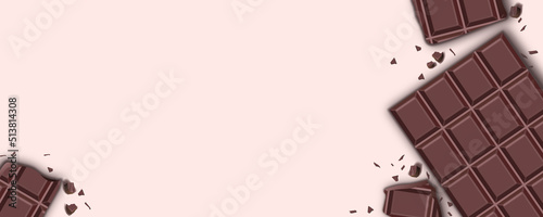 Dark bar chocolate with pieces on a light background