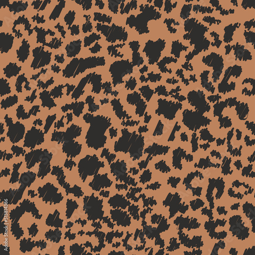 Abstract hand draws animal skin  leopard seamless hatching pattern. Cheetah fur spots. Black and orange seamless camouflage background. Vector