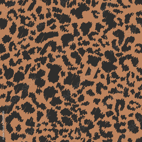 Abstract hand draws animal skin, leopard seamless hatching pattern. Cheetah fur spots. Black and orange seamless camouflage background. Vector