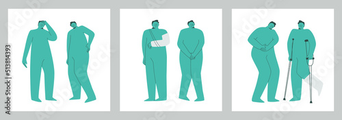 A set of characters - patients of the medical center. Traumatology, urology, gastroenterology, neurology, etc. Trendy vector illustrations for design.