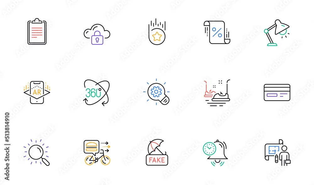 Plan, Loan percent and Credit card line icons for website, printing. Collection of Cogwheel, Table lamp, Time management icons. Full rotation, Bumper cars, Loyalty star web elements. Vector