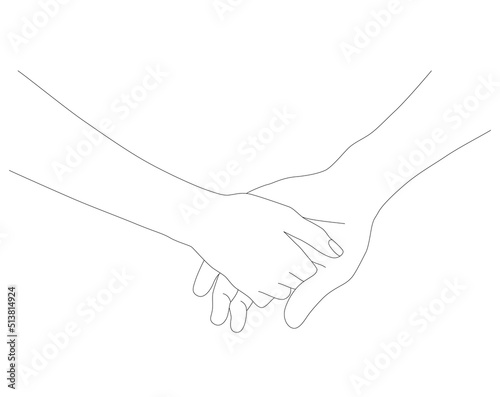 Holding hands. Palms in one line. Hand in hand. A thin drawing line.