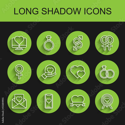 Set line Envelope with heart, Mobile phone, Computer monitor, Heart and ribbon, in the center of darts target aim, hand, Wedding rings and icon. Vector