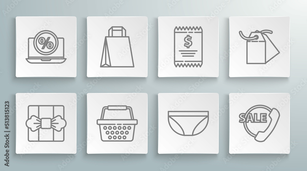 Set line Gift box, Paper shopping bag, Shopping basket, Underwear, Telephone 24 hours support, check and financial check, Blank label template price tag and Percent discount laptop icon. Vector Set line Gift box, Paper shopping bag, Shopping basket, Underwear, Telephone 24 hours support, check and financial check, Blank label template price tag and Percent discount laptop icon. Vector