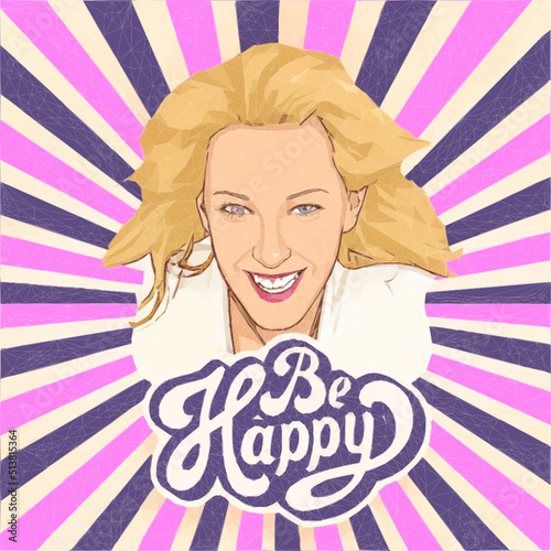 Frau lacht und strahlt viel Kraft aus. Slogan Be happy. Im Hintergrund sind Strahlen. Vektor in Low Poly Art.