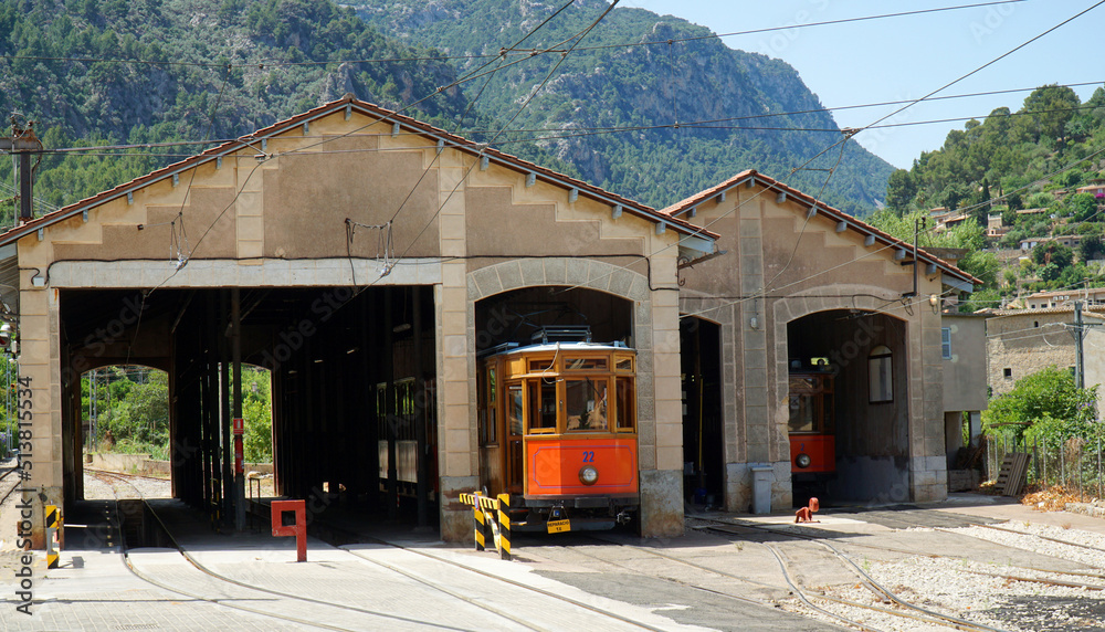 Vintage red tram in in shed Soller Mallorca Spain.