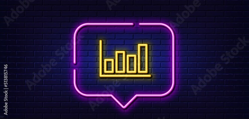 Neon light speech bubble. Histogram Column chart line icon. Financial graph sign. Stock exchange symbol. Business investment. Neon light background. Report diagram glow line. Brick wall banner. Vector
