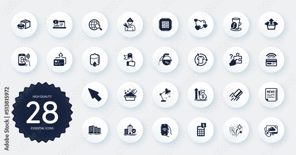 Set of Business icons, such as Packing boxes, Fireworks and Card flat icons. Change clothes, Cloud computing, Fake news web elements. Drop counter, Leadership, Coffee pot signs. Circle buttons. Vector Set of Business icons, such as Packing boxes, Fireworks and Card flat icons. Change clothes, Cloud computing, Fake news web elements. Drop counter, Leadership, Coffee pot signs. Circle buttons. Vector