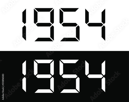 Year 1954 black and white digital numbers font.