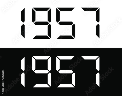 Year 1957 black and white digital numbers font.