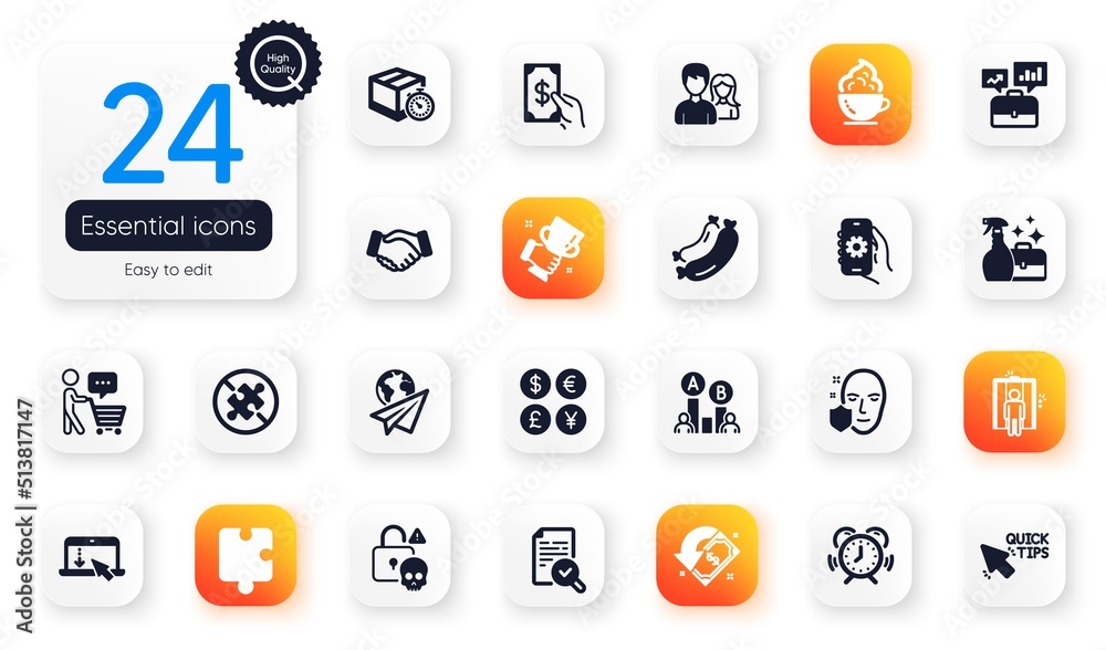 Set of Business flat icons. Handshake, Money currency and No puzzle elements for web application. Cashback, Ab testing, Face protection icons. Inspect, Coffee cup, Time management elements. Vector Set of Business flat icons. Handshake, Money currency and No puzzle elements for web application. Cashback, Ab testing, Face protection icons. Inspect, Coffee cup, Time management elements. Vector