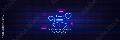 Neon light glow effect. Honeymoon travel line icon. Love trip sign. Valentines day cruise symbol. 3d line neon glow icon. Brick wall banner. Honeymoon cruise outline. Vector