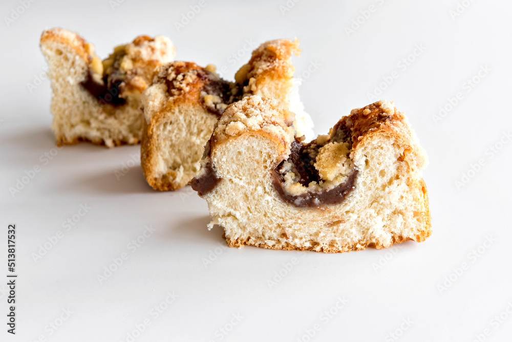 pieces of traditional Brazilian Cuca filled with chocolate. pieces of traditional Brazilian Cuca filled with chocolate.